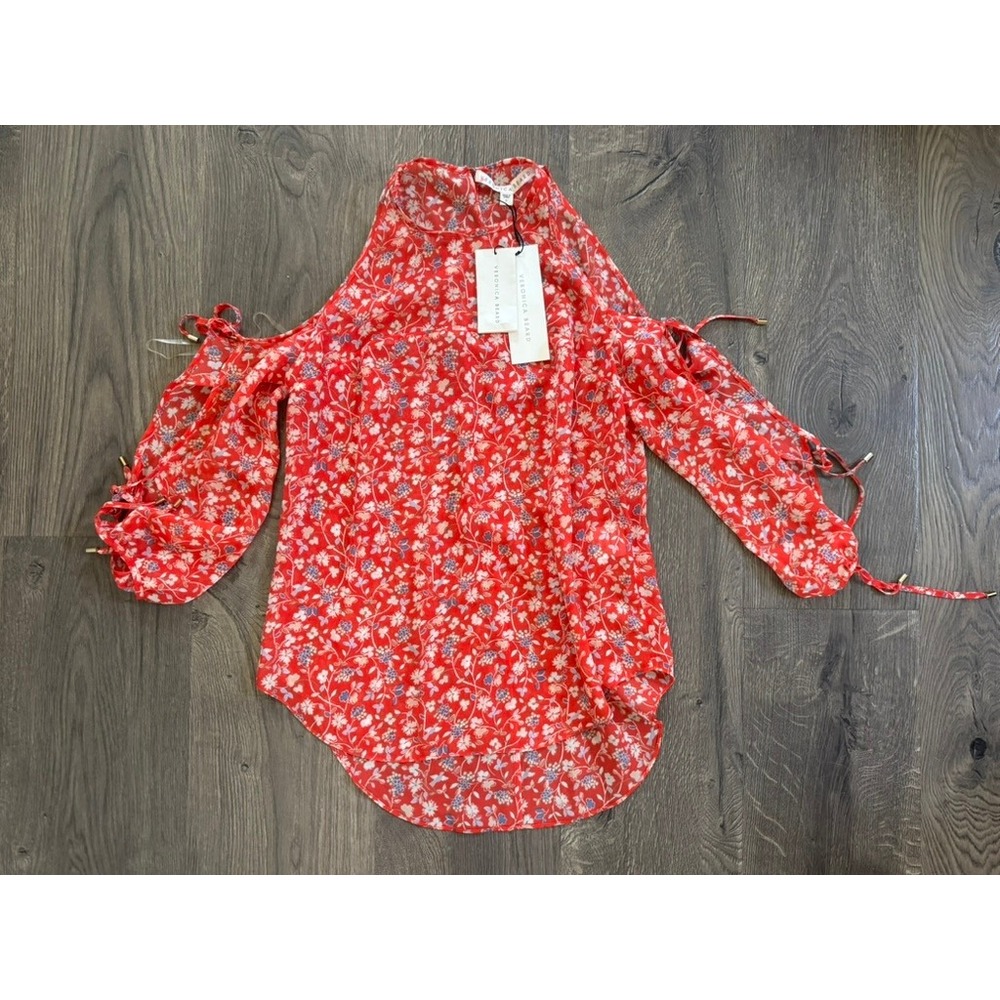 Veronica Beard Flynn Bow Blouse Size 0 Red Multi Silk Cold Shoulder Floral NWT